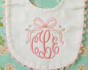 Monogrammed Bib with Ric Rac, Vintage Bow, baby shower gift, personalized baby gift