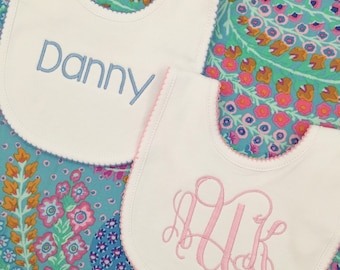 Monogrammed Bib with Picot Trim, baby shower gift, personalized baby gift