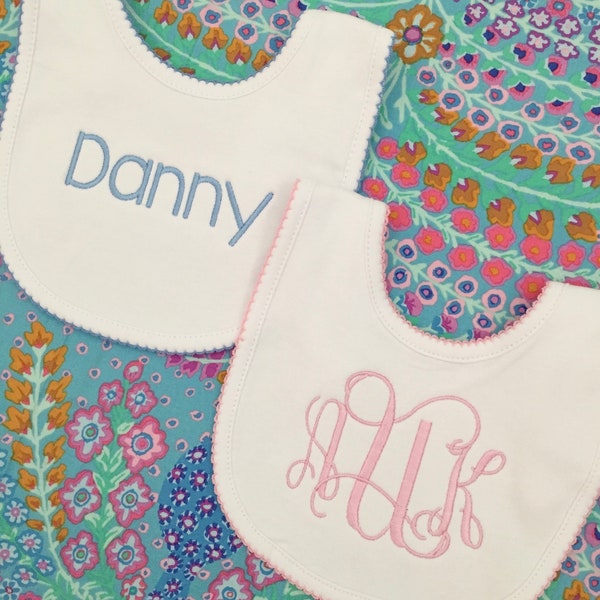 Monogrammed Bib with Picot Trim, baby shower gift, personalized baby gift