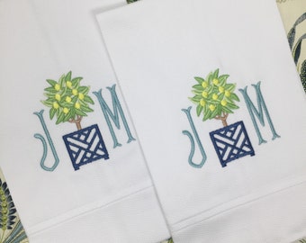 Monogrammed Cotton Pique Tea Towel, Topiary Initials-Hostess Gift, monogrammed linens, personalized gift
