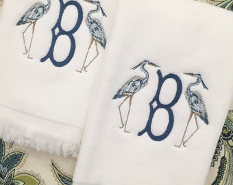 Monogrammed Fingertip towels, Heron Initial, personalized gifts, Christmas gift