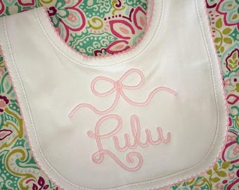 Monogrammed Baby Bib: Cotton with Picot Trim & Bow Design