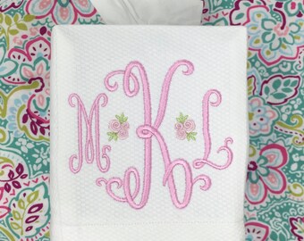 Monogrammed Linen Tissue Box Cover Rosebud Monogram, monogrammed gift-personalized gift-hostess gift, nursery decor
