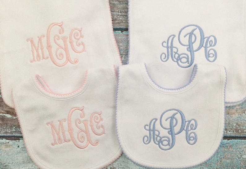 Monogrammed Bib and Burp Cloth Picot Trim setmonogrammed baby Etsy