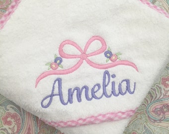 Monogrammed Baby Hooded Towel with Bow and Flowers: Velour Terry, Gingham Trim