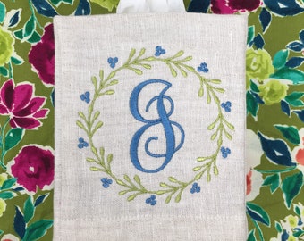 Monogrammed Tissue Box Cover-Berry Wreath, monogrammed gift-personalized gift-hostess gift