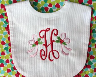 Monogrammed Christmas Bib- initial with bows, baby shower gift, personalized baby gift