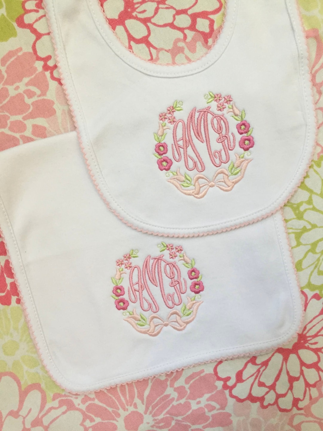 Monogrammed Bib and Burp Cloth Picot Trim Flower Wreath With Etsy