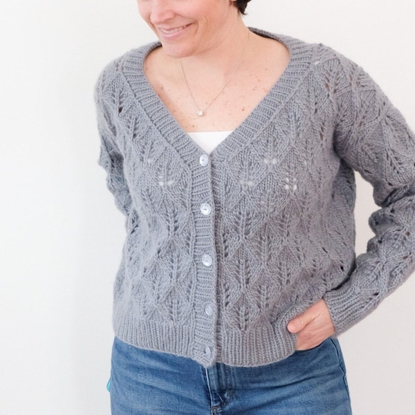 Lace V-Neck Cardigan Knitting Pattern | Cozy Button Sweater | McKenzie Cardigan