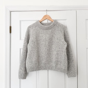 May include: A gray, fuzzy sweater with a crew neck and long sleeves. The sweater is hanging on a wooden hanger against a white door.