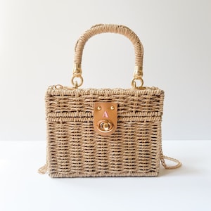 Bolso de mano tipo caja de ratán, bolso de paja de verano para mujer, bolso con monograma personalizado, bolso de mano con monograma personalizado, regalos para ella, bolso de vacaciones, bandolera