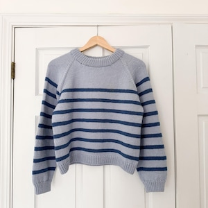 May include: A light blue knit sweater featuring horizontal dark blue stripes, a crew neckline, and long sleeves with ribbed cuffs. The garment is constructed with a raglan sleeve design and a ribbed hem, showcasing a consistent knit texture throughout.
