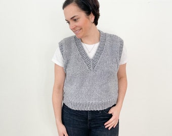 Chunky Knit Sweater V-NecK Sweater Vest Pattern | Tutoriel de tricot facile à faire soi-même pour un fil super volumineux