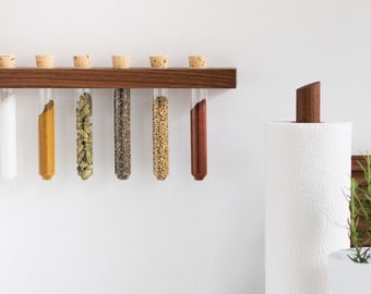 Perdonero de madera de nogal con 10 tubos de ensayo: almacenamiento moderno para especias, flotando en la pared para regalo de cocina y comedor