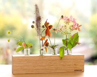 Vase Tischvase Blumenvase Holz Reagenzglas Dekoration Blumen Trockenblumen Hochzeit Tisch Deko schlicht minimalistisch Wohnaccessoire Glas