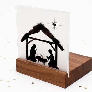 Nativity Wood Mini / Christmas Nativity Wood Walnut Modern with tealight and Bethlehem on acrylic glass / Nativity Christmas / Family image 1