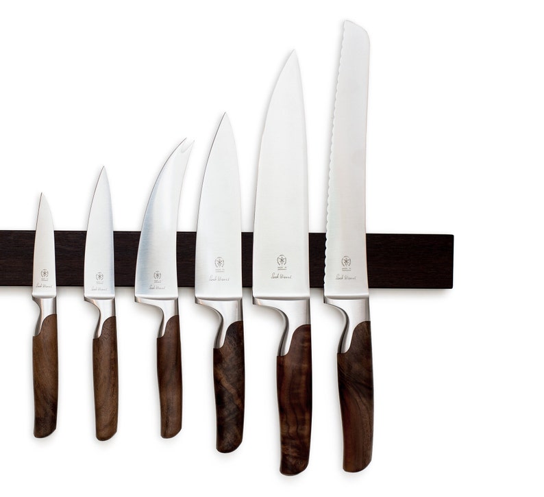 Knife strip configurator for up to 15 knives lengths 21 to 76 cm different types of wood and strong double magnets, knife block without drilling Räuchereiche