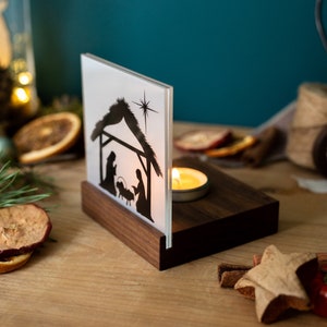 Nativity Wood Mini / Christmas Nativity Wood Walnut Modern with tealight and Bethlehem on acrylic glass / Nativity Christmas / Family image 4