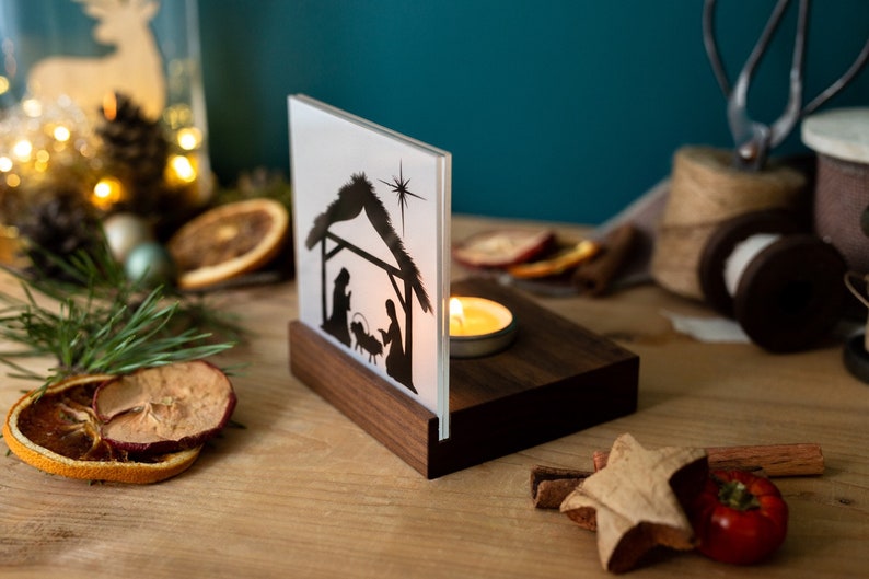 Nativity Wood Mini / Christmas Nativity Wood Walnut Modern with tealight and Bethlehem on acrylic glass / Nativity Christmas / Family image 4