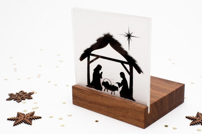 Nativity Wood Mini / Christmas Nativity Wood Walnut Modern with tealight and Bethlehem on acrylic glass / Nativity Christmas / Family image 1