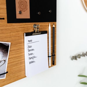 Memobord, prikbord, hout, eiken, prikbord met magnetische schoolbordfolie, schilderijrail, elastische koorden voor kantoor, keuken, organizer, vilt, modern afbeelding 10