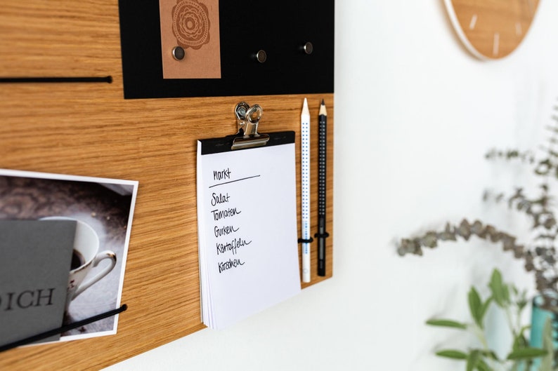 Memobord, prikbord, hout, eiken, prikbord met magnetische schoolbordfolie, schilderijrail, elastische koorden voor kantoor, keuken, organizer, vilt, modern afbeelding 10