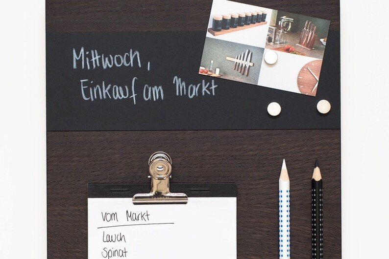 Pinnwand Mini Holz Räuchereiche mit Tafel magnetisch und Notizblock zum Einzug oder als Geschenk für Eltern oder Kinder für Küche oder Büro Bild 8