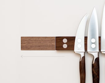 Knife strip configurator for up to 15 knives (lengths 21 to 76 cm) different types of wood and strong double magnets, knife block without drilling