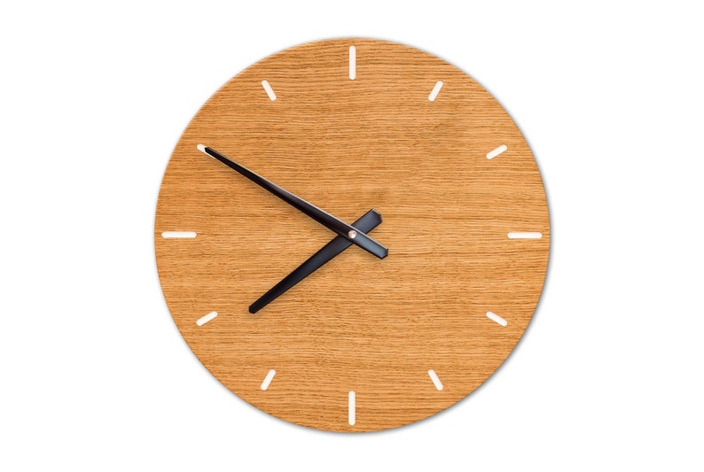 Wall clock wood oak large 35 cm clock without ticking with quartz movement silent wall clock for living room, kitchen bedroom design silent modern image 1