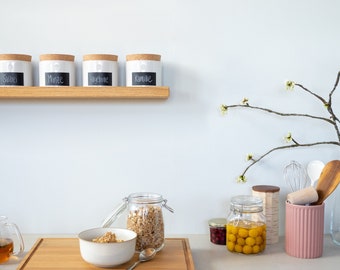 Oak storage jar rack with 4 ceramic pots for the kitchen, storage, stocking as a gift for a birthday or a wedding housewarming