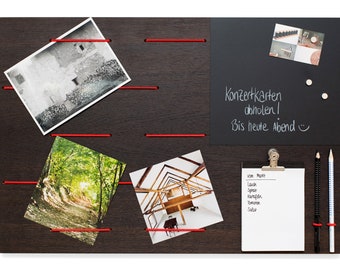 Memoboard madera de roble ahumado, tablero de notas con lámina de pizarra magnética, bloc de notas y cuerdas elásticas, oficina, cocina o regalo