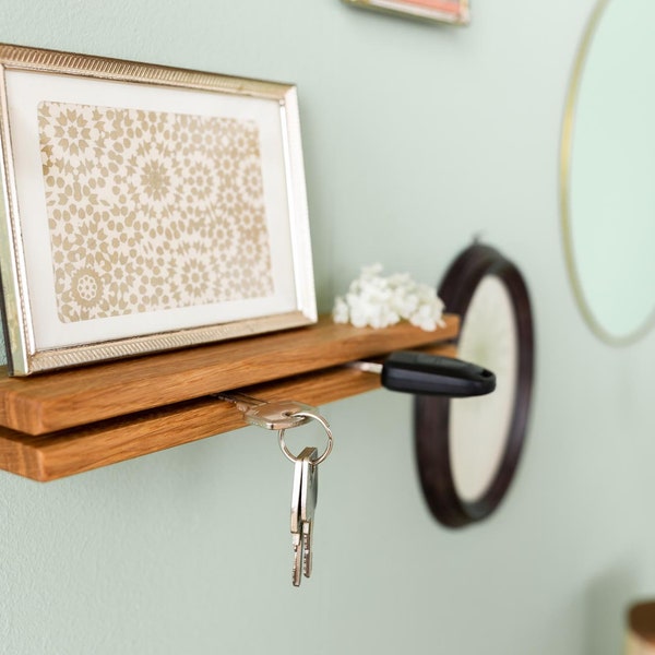 Llavero de madera con estante: soporte flotante para llaves de pared, moderno y sencillo, ideal para organizar el pasillo o como regalo de inauguración de la casa, en roble y nogal.