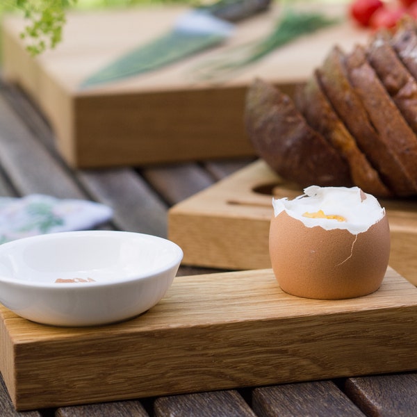 Eierbecher Holz Eiche mit Schale  praktisch als Geschenk Design handgemacht stapelbar schlicht  edel Porzellan