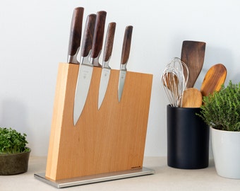 Bloc de couteau bois hêtre magnétique | sans couteau | aimants puissants | moderne simple et noble pour couteaux rangement porte-couteaux conception de cuisine