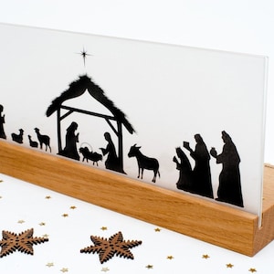 Krippe Weihnachtskrippe Holz modern Weihnachten mit Scherenschnitt u Teelichtern Geschenk für Kindern Eltern und Großeltern Weihnachtsdeko Bild 1