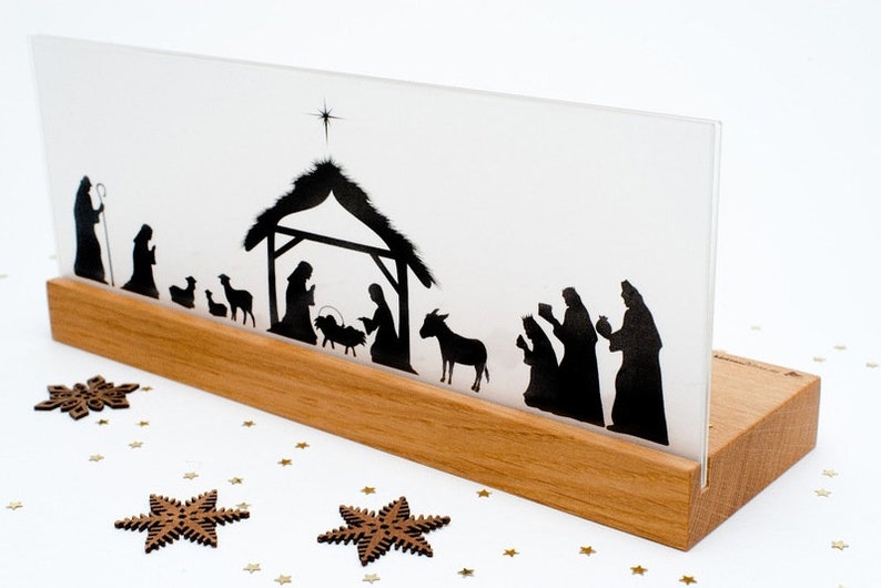 Krippe Weihnachtskrippe Holz modern Weihnachten mit Scherenschnitt u Teelichtern Geschenk für Kindern Eltern und Großeltern Weihnachtsdeko Bild 1