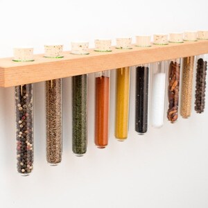 Spice rack wood beech with 10 test tubes, for storage on the wall, floating stylish eye-catcher for the kitchen, wall decoration, modern image 2