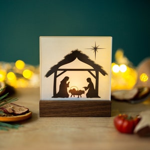 Nativity Wood Mini / Christmas Nativity Wood Walnut Modern with tealight and Bethlehem on acrylic glass / Nativity Christmas / Family image 2