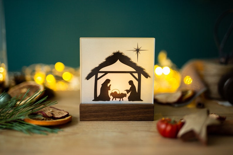 Nativity Wood Mini / Christmas Nativity Wood Walnut Modern with tealight and Bethlehem on acrylic glass / Nativity Christmas / Family image 2