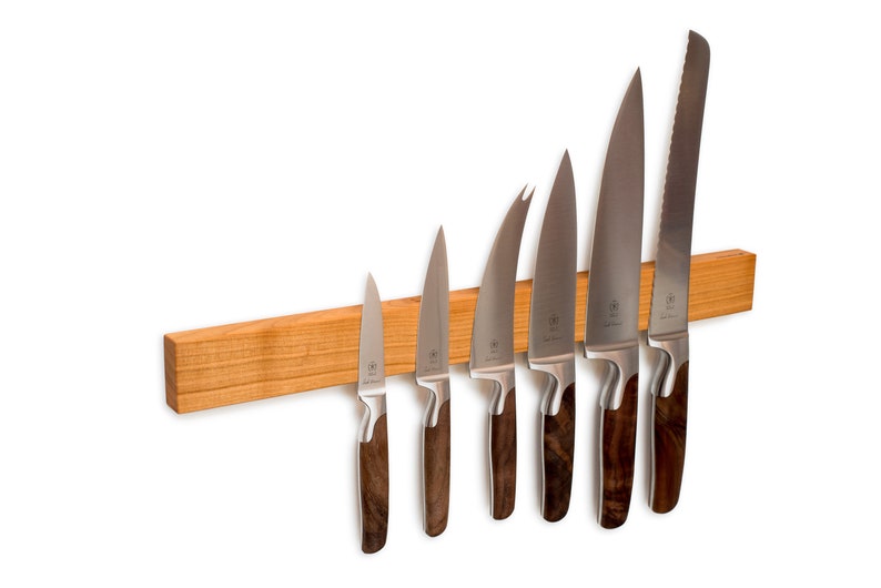Tira de cuchillo imán de madera cerezo para 4, 6 o 9 cuchillos longitudes 21 a 46 cm, llamativo en la cocina, magnético sin taladrar posible imagen 6