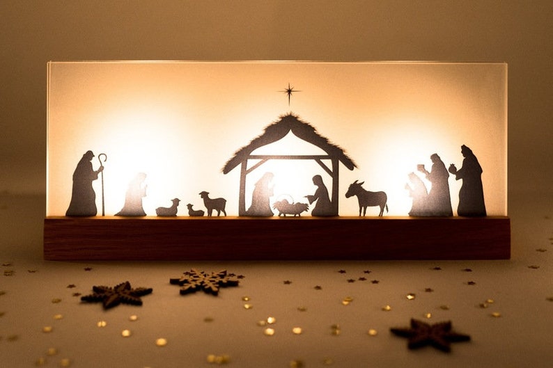 Belén de madera moderno navideño con corte de papel y luces de té, regalo para niños, padres y abuelos, decoración navideña imagen 2