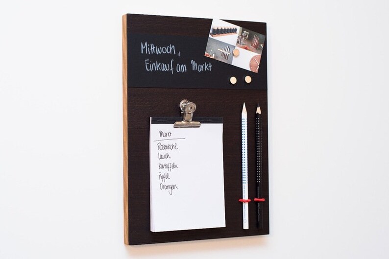 Pinnwand Mini Holz Räuchereiche mit Tafel magnetisch und Notizblock zum Einzug oder als Geschenk für Eltern oder Kinder für Küche oder Büro Bild 7