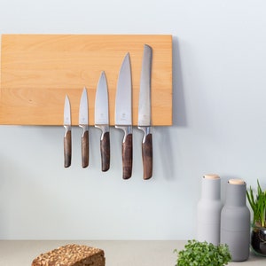 Knife block magnetic for the wall wood beech strong magnets knife holder modern without knife Design knife strip knife storage image 2