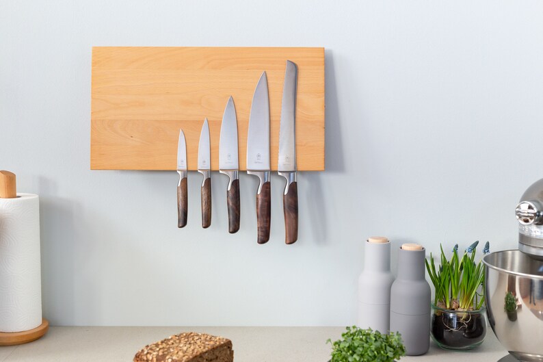 Knife block magnetic for the wall wood beech strong magnets knife holder modern without knife Design knife strip knife storage image 2