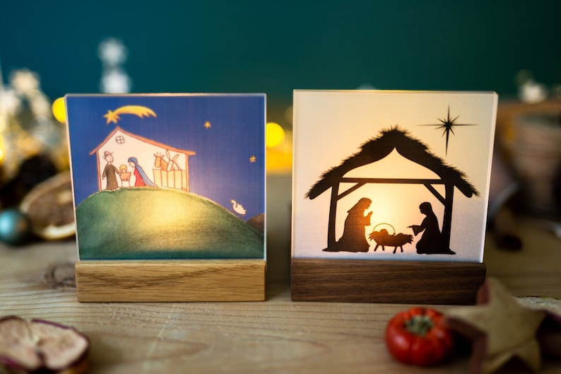 Nativity Wood Mini / Christmas Nativity Wood Walnut Modern with tealight and Bethlehem on acrylic glass / Nativity Christmas / Family image 8