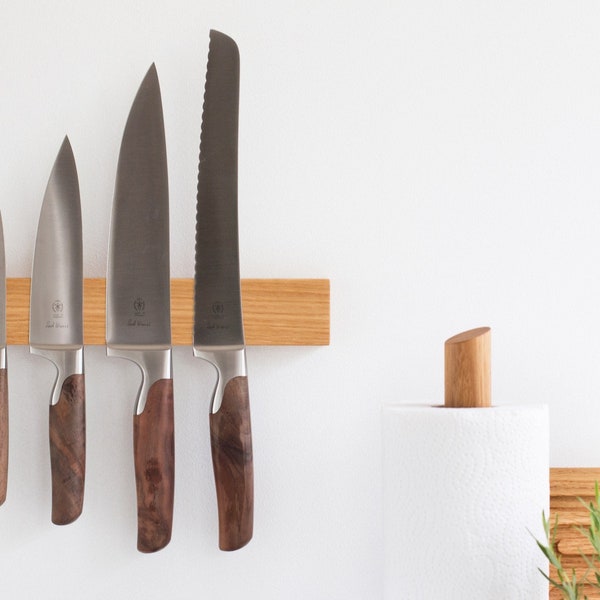 Barre à couteaux en bois de chêne magnétique pour 4, 6 ou 9 couteaux (longueurs 21 à 46 cm), accroche-regard dans la cuisine, bloc à couteaux magnétique sans perçage