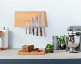 Knife block magnetic for the wall wood beech | strong magnets knife holder modern | without knife | Design knife strip knife storage