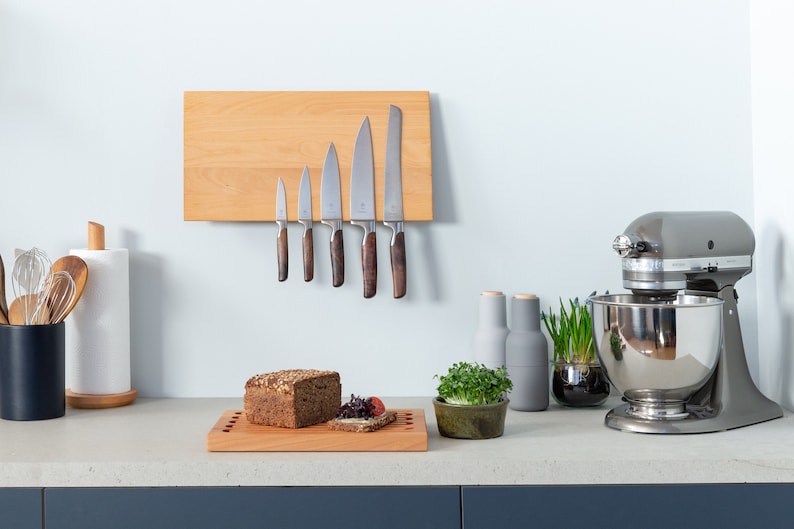 Knife block magnetic for the wall wood beech strong magnets knife holder modern without knife Design knife strip knife storage image 1