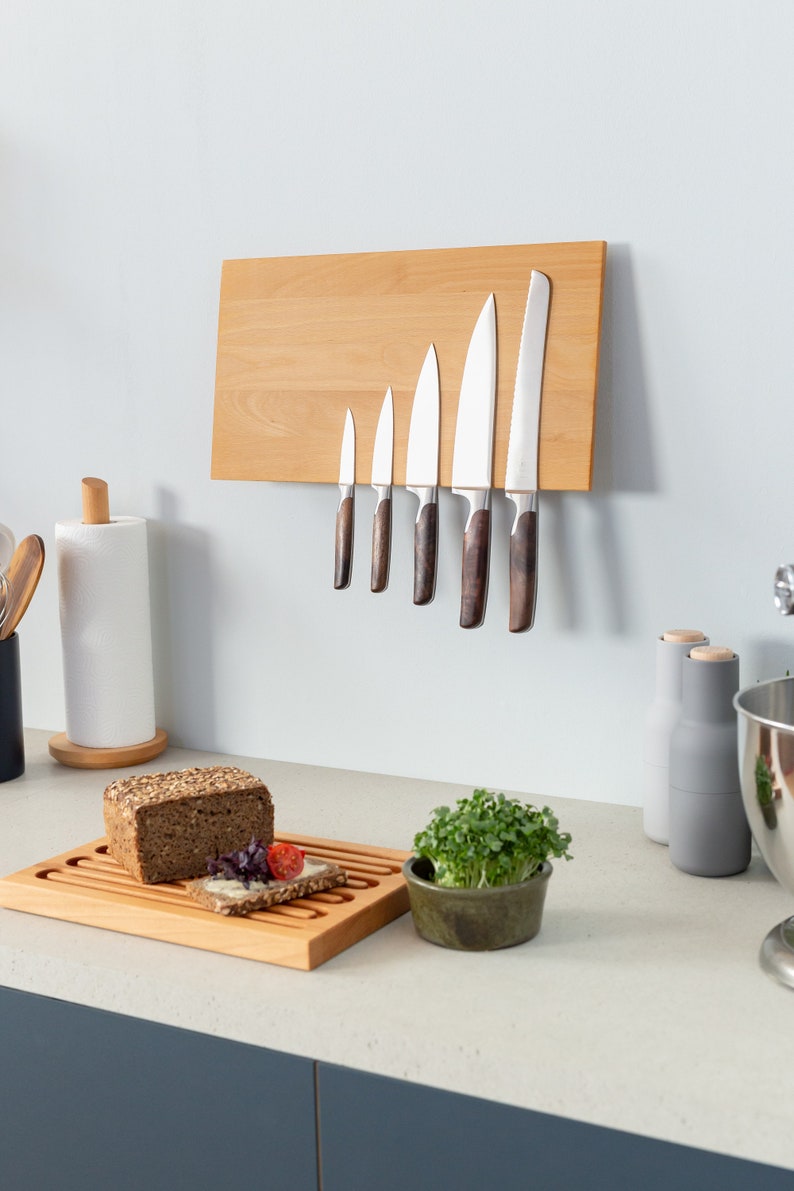 Knife block magnetic for the wall wood beech strong magnets knife holder modern without knife Design knife strip knife storage image 3