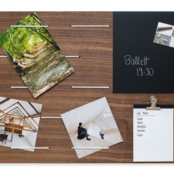 Memoboard Pinnwand Holz Nussbaum, Notizboard magnetisch Tafelfolie, Notizblock, für Büro, Organizer für Küche oder Geschenk  Bilderleiste
